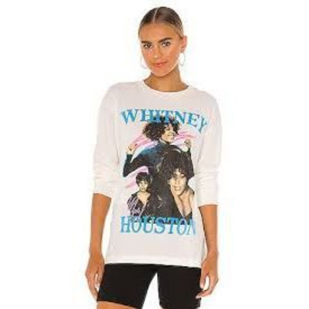 Daydreamer Whitney Houston Long Sleeve Graphic Tee White Oversized Cotton Size S